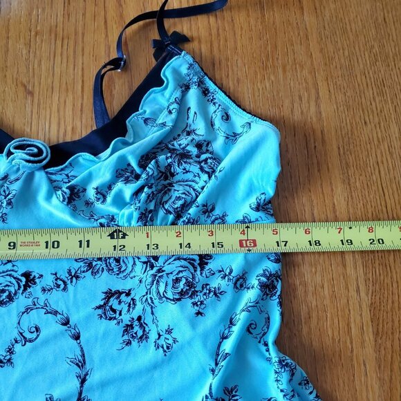 Linea Donatella Black Blue Floral Slip Night Gown V-neck Ruffled Hem Large - Picture 13 of 16